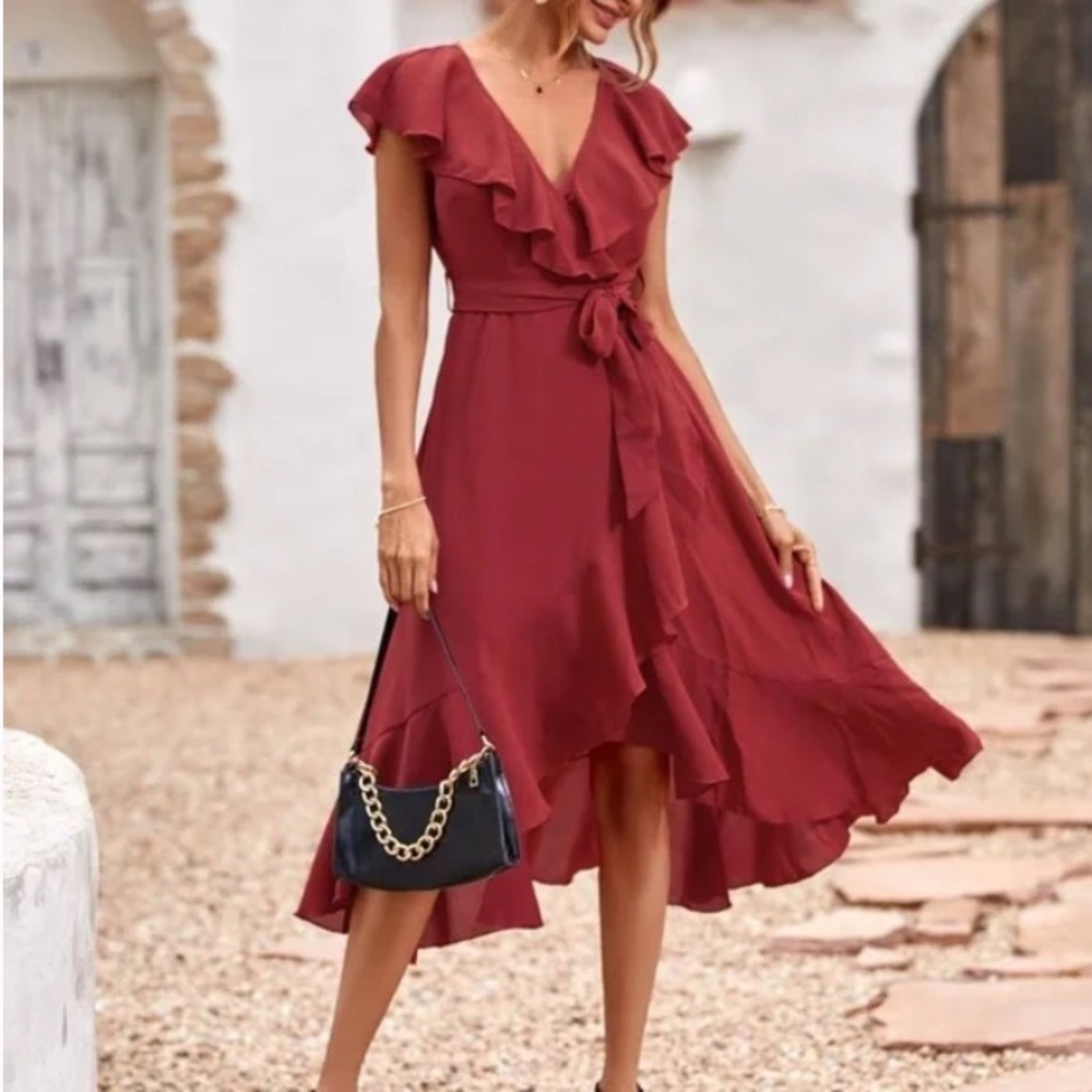 Boho navy blue ruffle hem wrap belted maxi dress - Picture 9 of 13